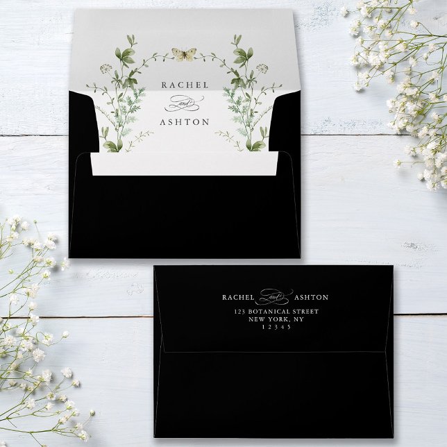 Elegant Watercolor Wildflowers Wedding Black Envelope (Inside & Back)