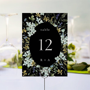 Elegant Watercolor Wildflowers Wedding Black Table Number