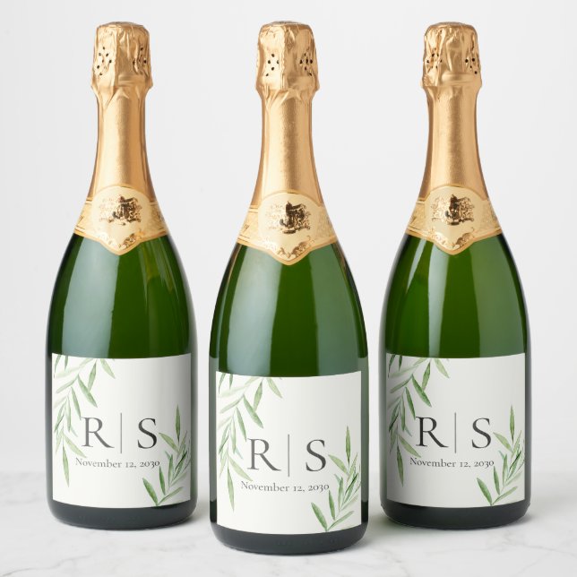 Elegant Watercolor Willow Botanical Monogram  Sparkling Wine Label (Bottles)