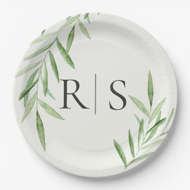 Elegant Watercolor Willow Bridal Shower Monogram  Paper Plate (Front)