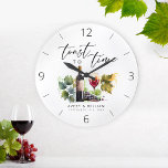 Elegant Watercolor Wine Themed Couple Names<br><div class="desc">This stunning Elegant Watercolor Wine-Themed Couple Names Large Clock features an exquisite watercolor depiction of a wine glass and bottle. It is the perfect gift for a bridal shower,  anniversary,  or wedding. Personalise it with the couple's names for a truly unique and memorable present. It is easily customisable.</div>
