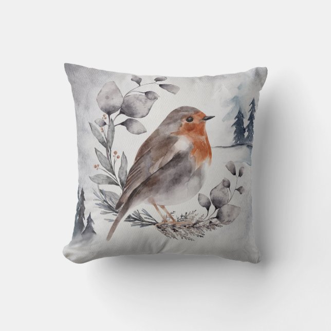 Elegant Watercolor Winter American Robin Christmas Cushion (Front)