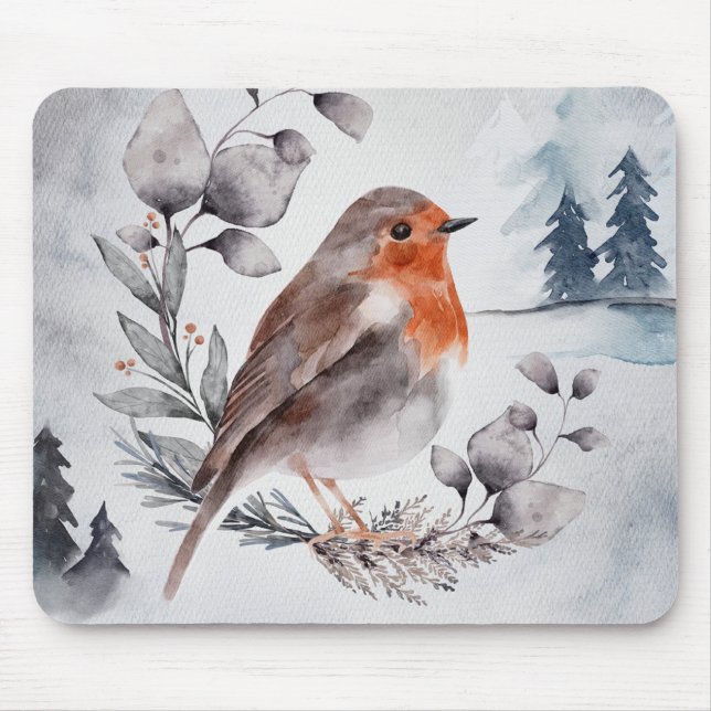 Elegant Watercolor Winter American Robin Mouse Pad (Front)