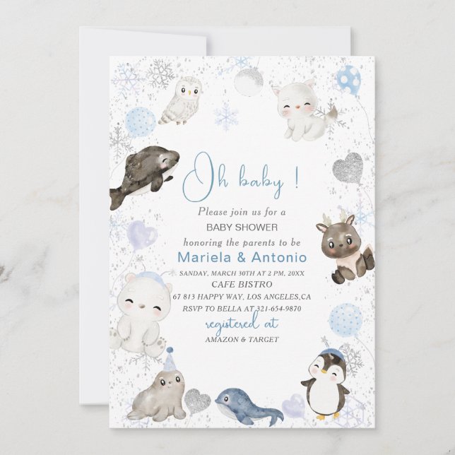 Elegant  Watercolor Winter arctic animals Baby Sho Invitation (Front)