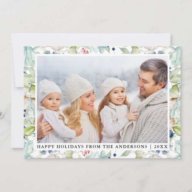 Elegant Watercolor Winter Blue Floral Photo Holiday Card (Front)