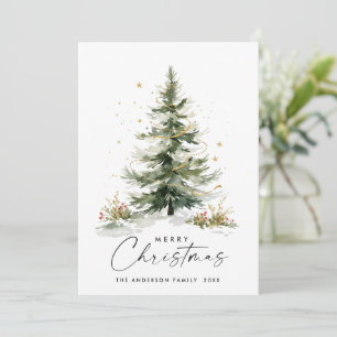 Elegant Watercolor Winter Christmas Pine Tree Holiday Card