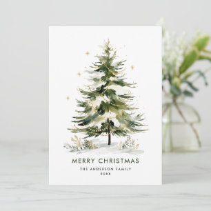 Elegant Watercolor Winter Christmas Pine Tree Holiday Card