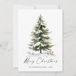 Elegant Watercolor Winter Christmas Pine Tree Holiday Card
