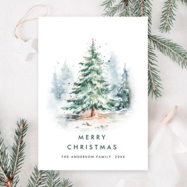 Elegant Watercolor Winter Christmas Pine Tree Holiday Card (Creator Uploaded)