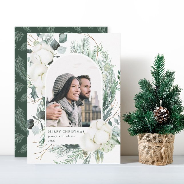 Elegant Watercolor Winter Floral Arch Photo Holiday Card (Creator Uploaded)