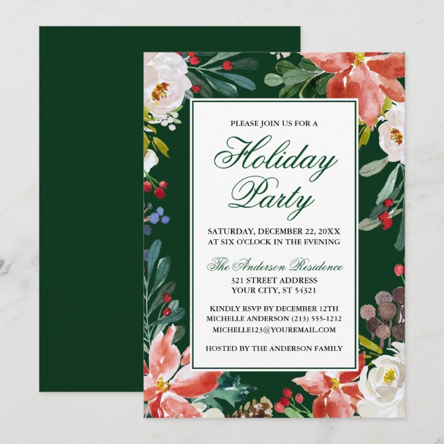 Elegant Watercolor Winter Floral Holiday Party Invitation (Front/Back)