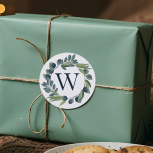 Elegant Watercolor Winter Foliage Wreath Monogram Classic Round Sticker