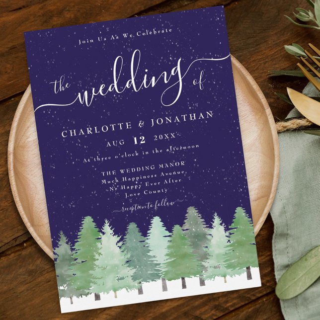 Elegant Watercolor Winter Forest Navy Blue Wedding Invitation (Elegant modern watercolor Woodland Rustic forest Winter navy blue wedding invitation)