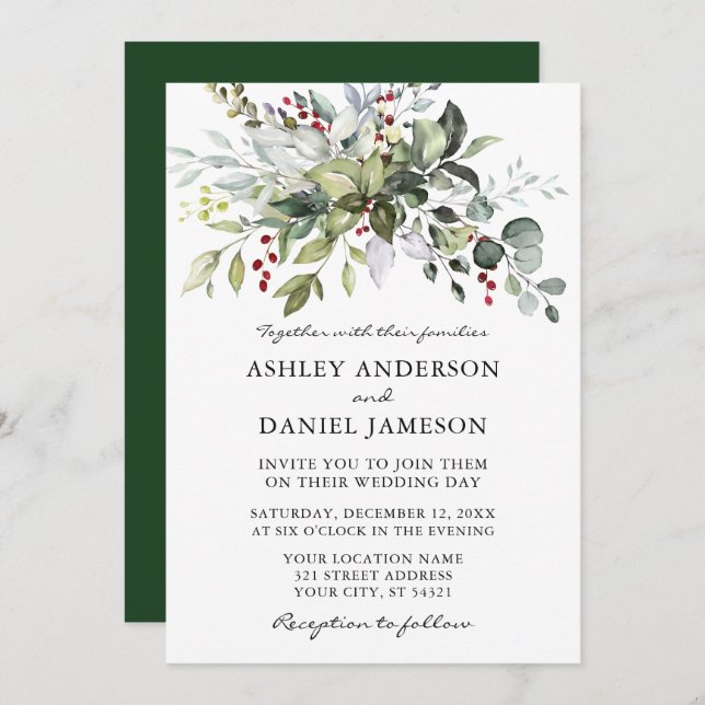 Elegant Watercolor Winter Greenery Wedding Invitation (Front/Back)