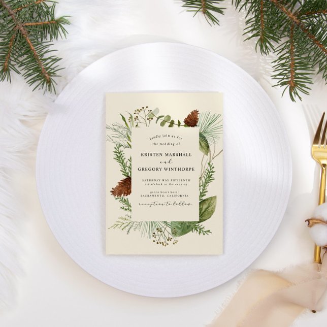 Elegant Watercolor Winter Greenery Wedding Invitation (Creator Uploaded)