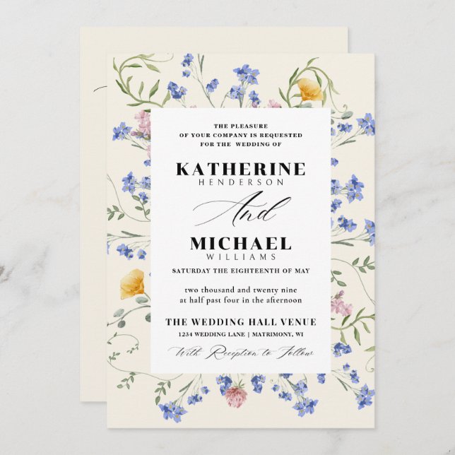 Elegant Watercolor Wldflowers Meadow Details RSVP Invitation (Front/Back)