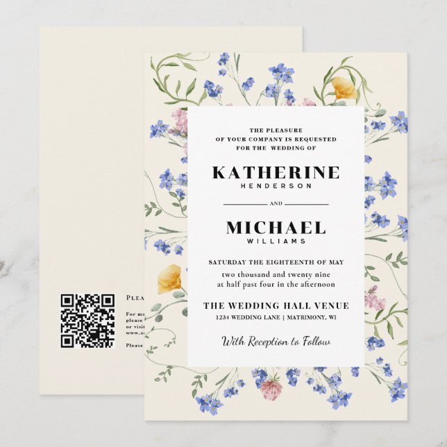 Elegant Watercolor Wldflowers Meadow RSVP Wedding Invitation (Front/Back)