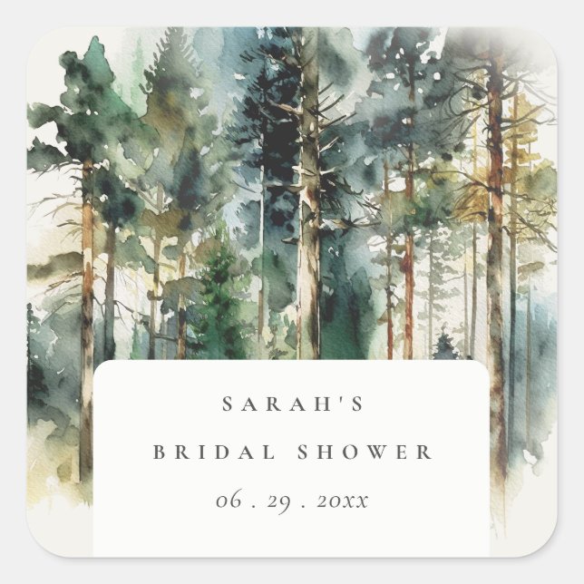 Elegant Watercolor Woodland Forest Bridal Shower Square Sticker (Front)