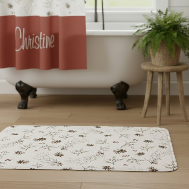 Elegant Watercolor Woodland Winterberry Pattern Bath Mat (Creator Uploaded)