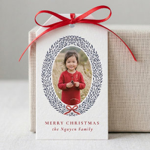 Elegant Watercolor Wreath Bow Christmas Photo Gift Tags