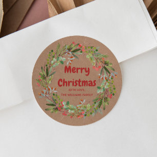 Elegant Watercolor Wreath Christmas   Classic Roun Classic Round Sticker