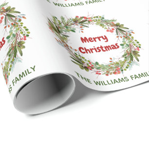 Elegant Watercolor Wreath Christmas Wrapping Paper