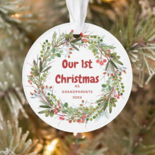 Elegant Watercolor Wreath First Christmas Ornament
