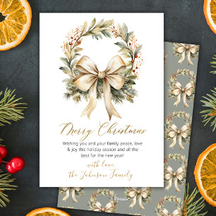 Elegant Watercolor Wreath Gold Bow Merry Christmas Holiday Card