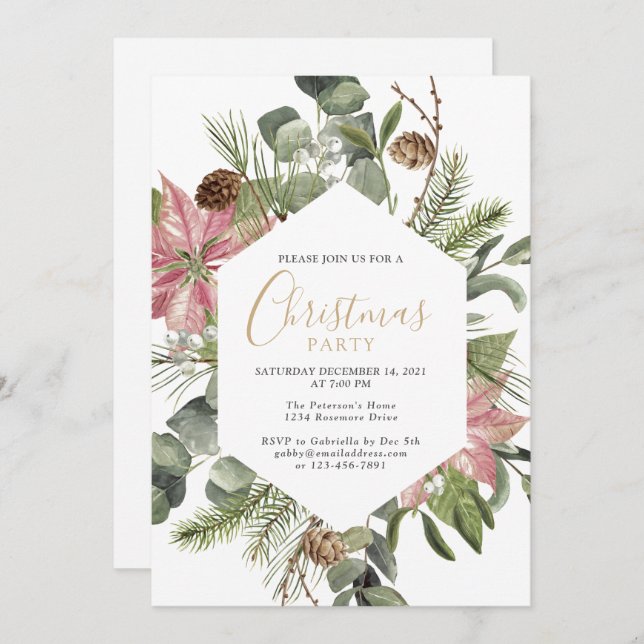 Elegant Watercolor Wreath Gold Christmas Party Invitation (Front/Back)