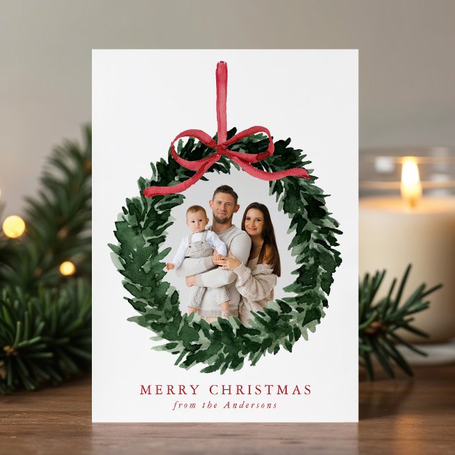 Elegant Watercolor Wreath with Bow 2 Photo Holiday Card (Creator Uploaded)