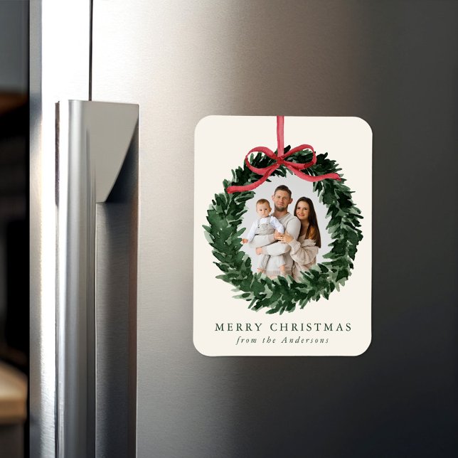 Elegant Watercolor Wreath with Bow Christmas Photo Magnet (Creator Uploaded)