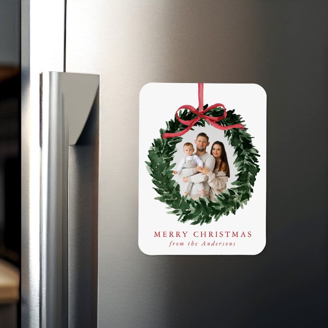 Elegant Watercolor Wreath with Bow Christmas Photo Magnet (Creator Uploaded)