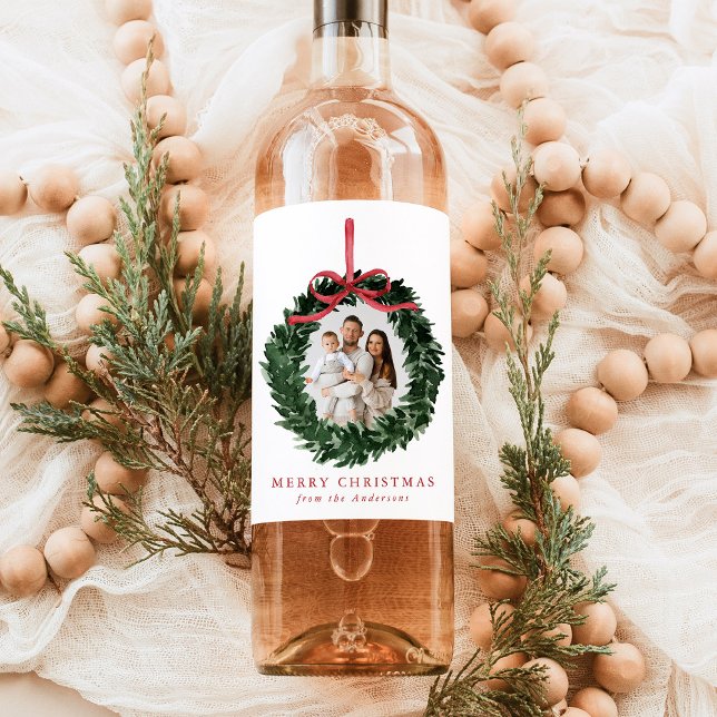 Elegant Watercolor Wreath with Bow Photo Holiday Wine Label (Creator Uploaded)
