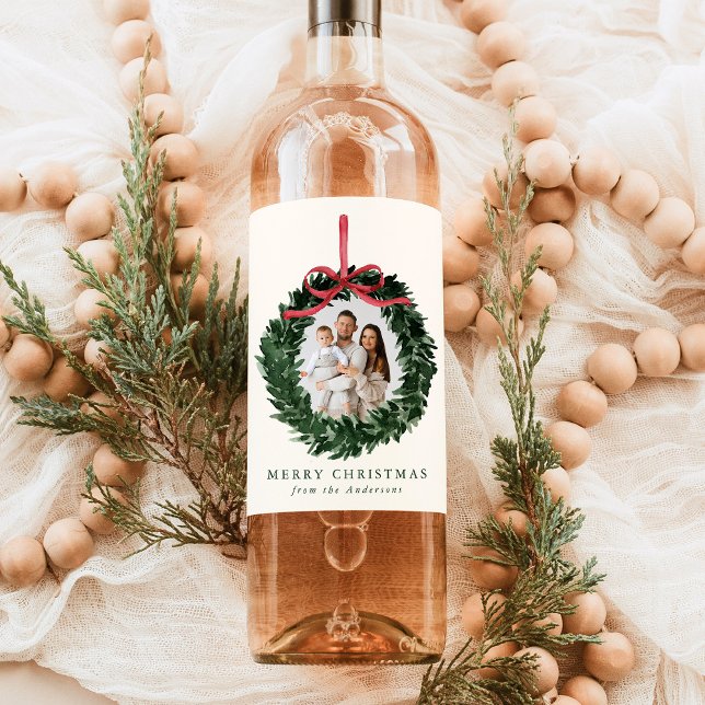 Elegant Watercolor Wreath with Bow Photo Holiday Wine Label (Creator Uploaded)