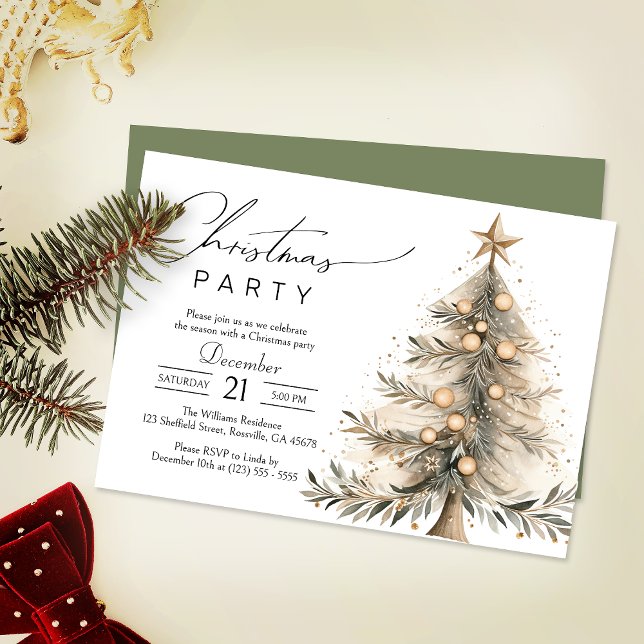 Elegant Watercolor Xmas Tree Christmas Party Invitation (Invite your guests to your Christmas celebration with this heartwarming and cozy holiday invitation.)