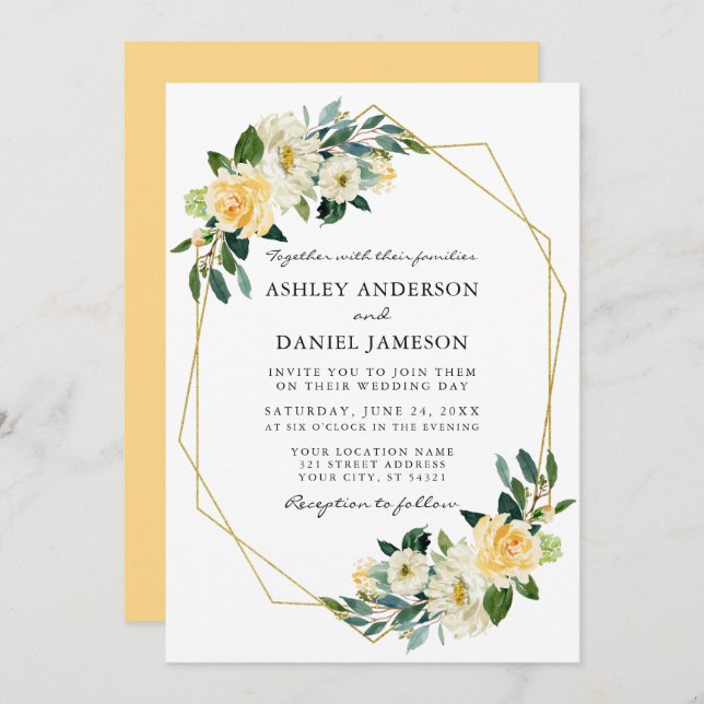 Elegant Watercolor Yellow Floral Gold Frame Invitation (Front/Back)