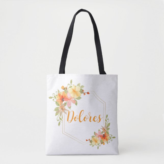 Elegant Watercolor Yellow Floral Monogram Name Tote Bag (Front)