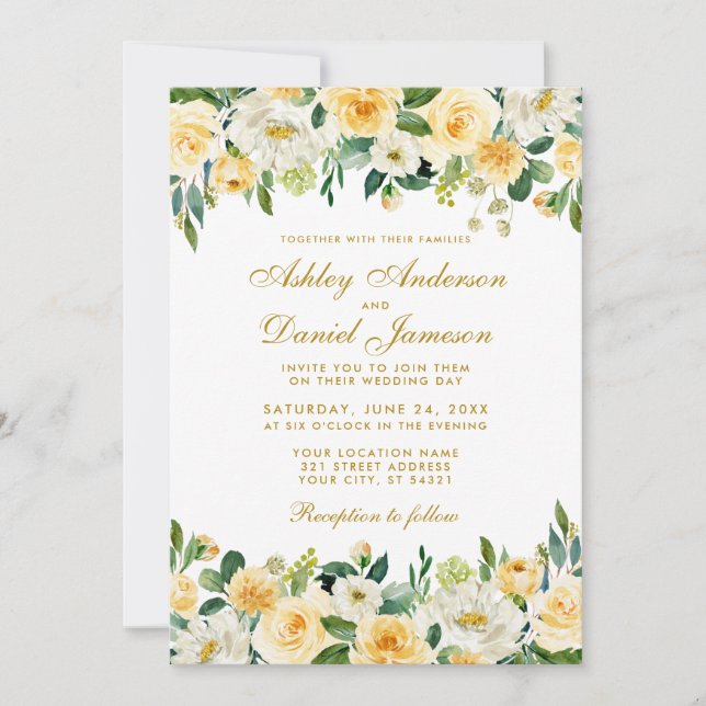 Elegant Watercolor Yellow Gold Green Wedding Invitation (Front)