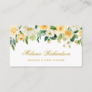 Elegant Watercolor Yellow Gold White Green Floral Business Card