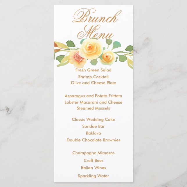 Elegant Watercolor Yellow Rose Bouquet Menu (Front)
