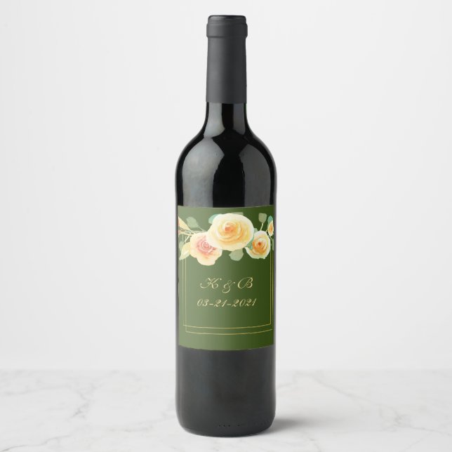 Elegant Watercolor Yellow Rose Bouquet Wine Label (Front)