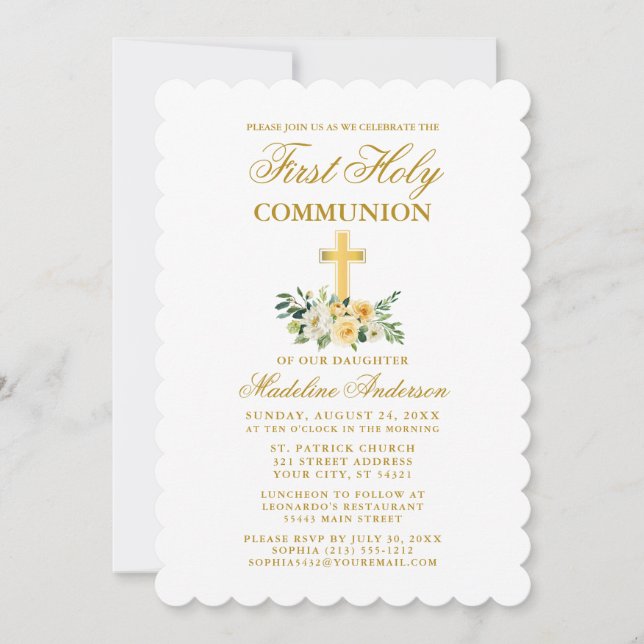 Elegant Watercolor Yellow White Floral Communion Invitation (Front)