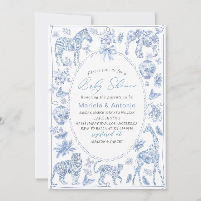 Elegant  WatercolorToile Safari Chinoiserie Baby S Invitation (Front)