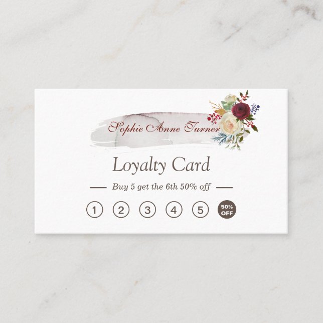 Elegant Watercolour Floral Burgundy Loyalty Card (Front)