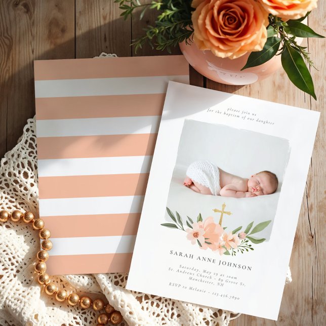 Elegant Watercolour Floral Cross Baptism Photo Invitation (Elegant Watercolour Floral Cross Baptism Photo Invitation)
