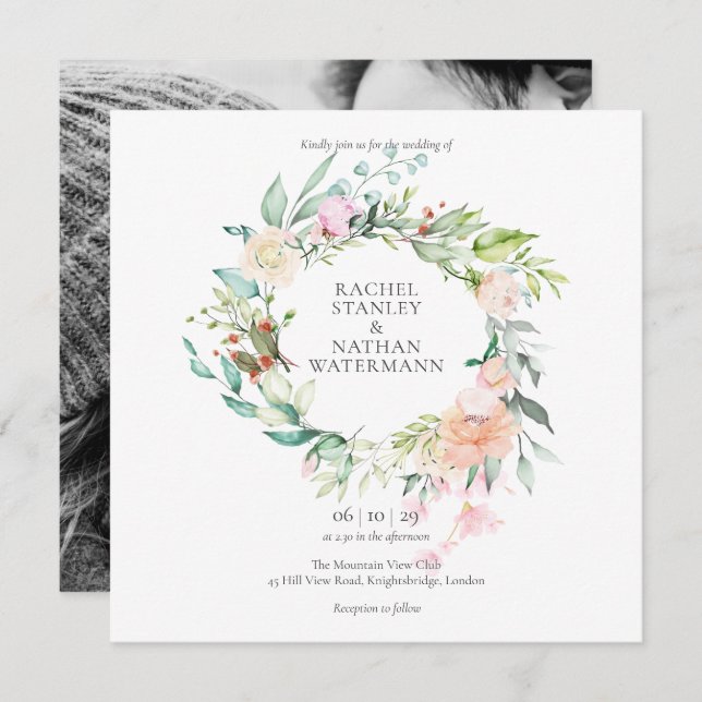 Elegant Watercolour Greenery Floral Photo Wedding Invitation (Front/Back)