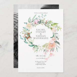 Elegant Watercolour Greenery Floral Photo Wedding Invitation