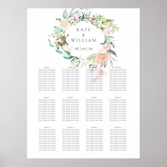 Elegant Watercolour Greenery Floral Seating Plan Poster (Front)