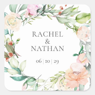 Elegant Watercolour Greenery Floral Wedding Favour Square Sticker