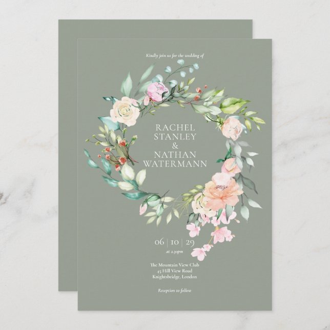 Elegant Watercolour Greenery Floral Wedding Invitation (Front/Back)